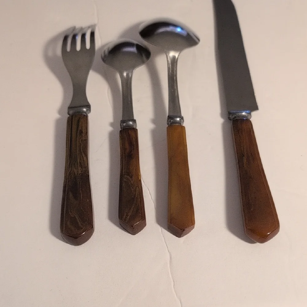 4pc Art Deco Style Bakelite Handle Wood Grain Silverware Fork Spoons Knife